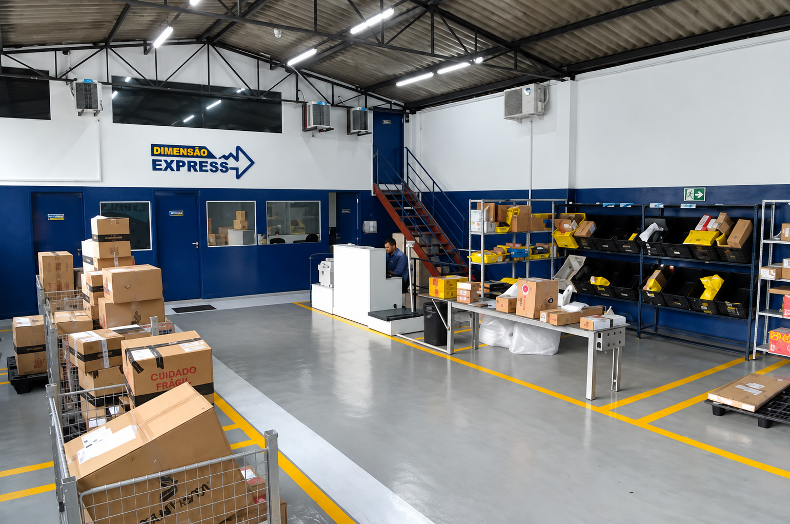 Interior do centro de distribuição da Dimensão Express com áreas de triagem, prateleiras e expedição