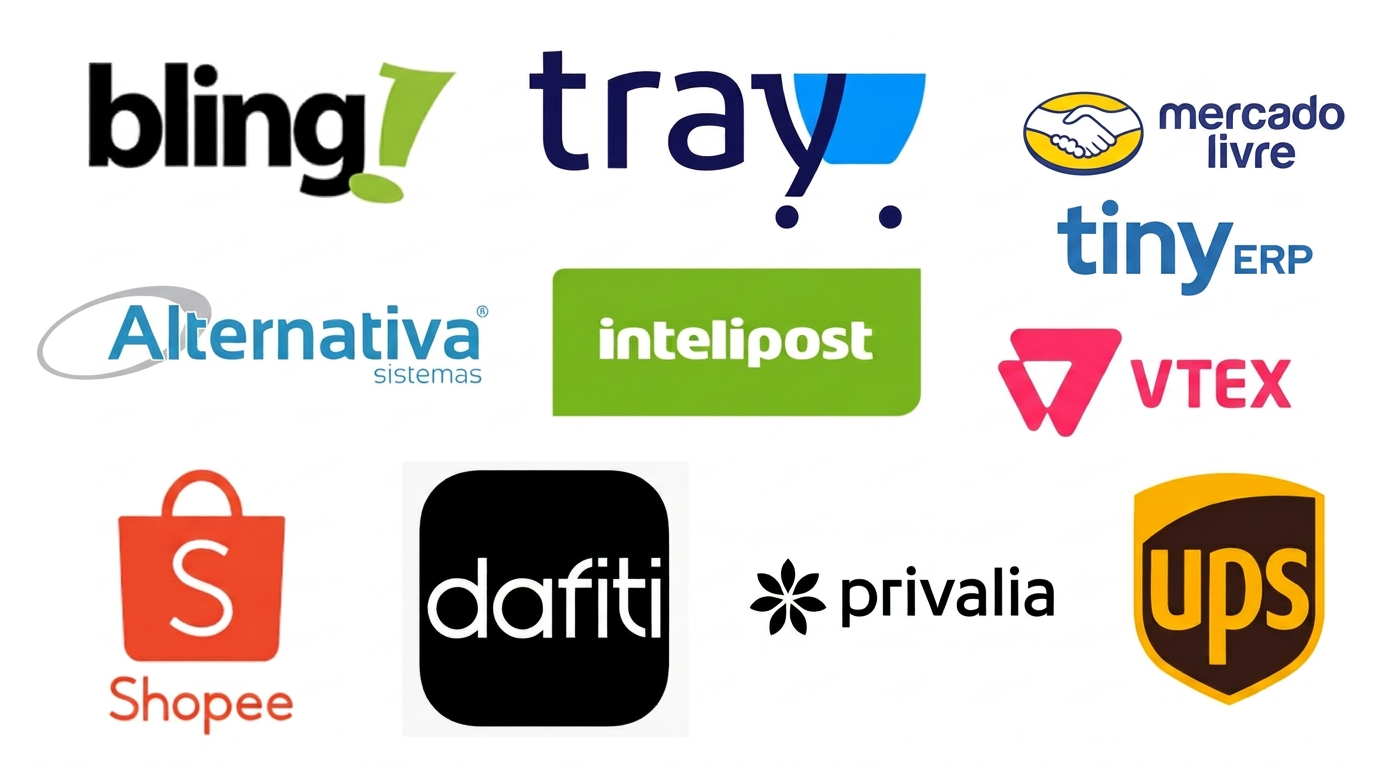 Plataformas integradas à Dimensão Express: Bling, Tray, Mercado Livre, Tiny, Alternativa, Intelipost, VTEX, Shopee, Dafiti, Privalia e UPS